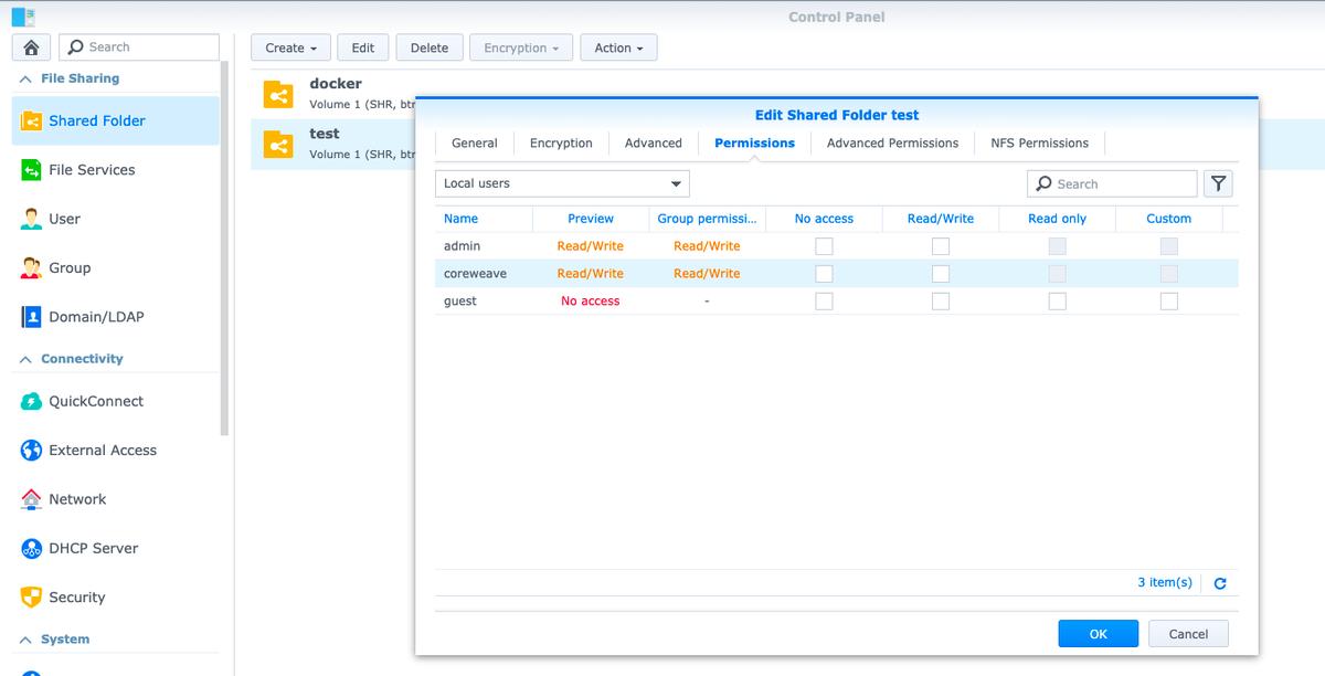 Adjusting shared folder permissions for SMB